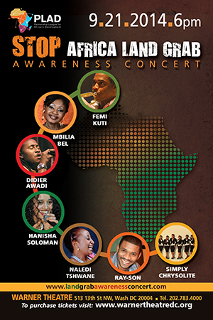 Major African Music Artists to Perform Pro Bono for PLAD’s STOP Africa Land Grab Concert — Sunday, September 21st at the Warner Theatre in Washington, DC